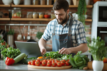 Young man preparing fresh vegetable salad looking at recipes on a laptop standing in the kitchen at home.
