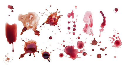Splattered and smeared red ink, wine or blood blots on white, chaotic and artistic, perfect for backgrounds or creative concepts.