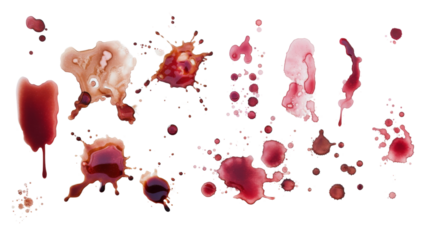 Splattered and smeared red ink, wine or blood blots on white, chaotic and artistic, perfect for backgrounds or creative concepts.