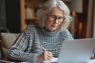 Senior woman in glasses looking at laptop computer screen.