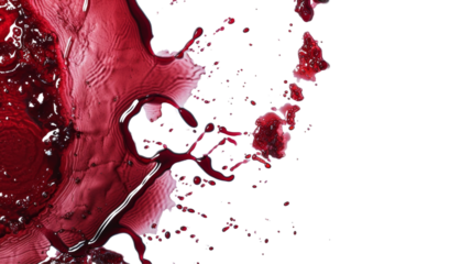 Red and brown ink, wine or blood spill with varied textures on white, abstract concept, useful for creative or artistic backgrounds.