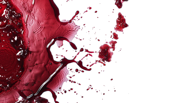 Red and brown ink, wine or blood spill with varied textures on white, abstract concept, useful for creative or artistic backgrounds.