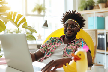 Funny happy smiling African American man sitting at the desk on workplace at office with juice in a beach rubber ring and booking tickets for summer vacation online via laptop.