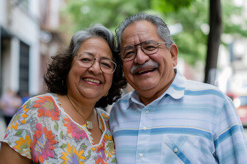 Smiling and happy senior Latin couple enjoys a leisure walk in the city park. They radiating happiness and warmth