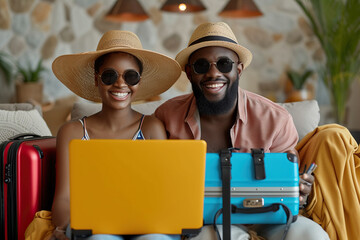 Young funny happy smiling African American couple travelers sitting on sofa at home booking tickets online via laptop.