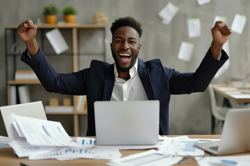Happy excited young African American business man accountant standing at the desk working on laptop...