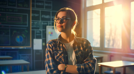 Portrait of a smiling girl against the background of a blackboard in the laboratory, a college student stands proudly in the classroom after successfully defending her work - obrazy, fototapety, plakaty