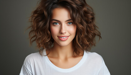 Fototapeta premium One beautiful woman with long brown hair smiling at camera generated by AI