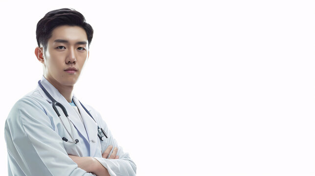 A Korean doctor stands with arms folded, appearing serious, against a white background.
