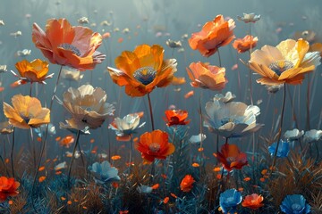 orange, blue, yellow, and red flowers with gray backgrounds