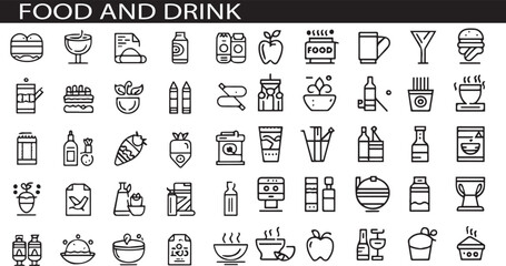 Set of 50 outline icons related to food and drink. Linear icon collection. Editable stroke. Vector illustration