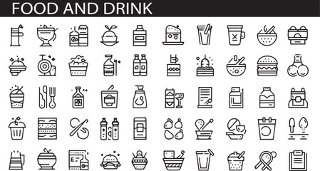 Set of 50 outline icons related to food and drink. Linear icon collection. Editable stroke. Vector illustration