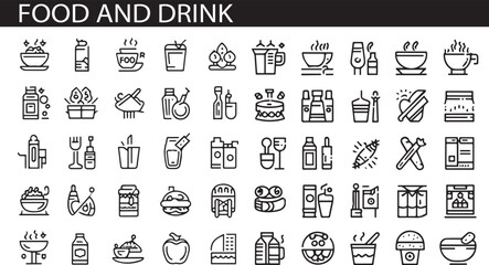 Set of 50 outline icons related to food and drink. Linear icon collection. Editable stroke. Vector illustration