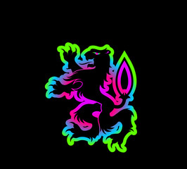 Vector illustration of a cartoon lion with colored outline on a black background