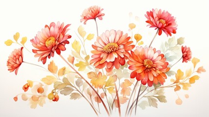Autumn flower handmade watercolour,  floral watercolor design element. red golden-daisy chrysanthemum - obrazy, fototapety, plakaty