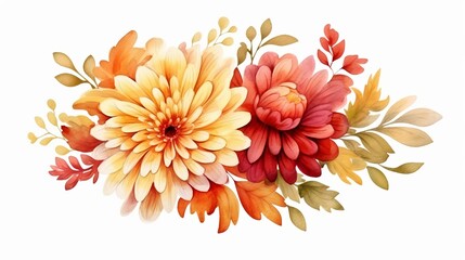 Autumn flower handmade watercolour,  floral watercolor design element. red golden-daisy chrysanthemum