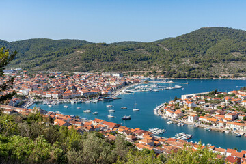 High angle view of idyllic town Vela luka on Korcula island in Croatia