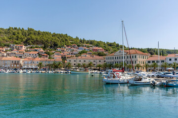 Fototapeta na wymiar Waterfront view of idyllic town Vela luka on Korcula island in Croatia