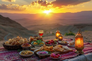 The concept of eating outdoors while enjoying the sunset. Food dishes on a carpet in the mountains.