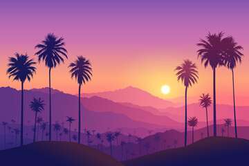 Palm trees against a stunning purple sunset background. Silhouettes of tall palm trees against the backdrop of hills and mountains in the rays of a beautiful summer sunset. Natural landscape.