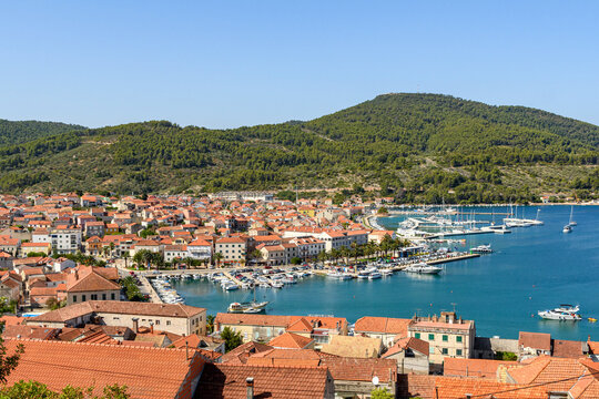 High angle view of idyllic town Vela luka on Korcula island in Croatia