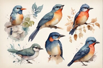 Fototapeta premium Various forest birds watercolor illustration big set. AI generated.
