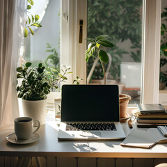 Modernes Arbeitszimmer mit Tageslicht und Kaffeetasse