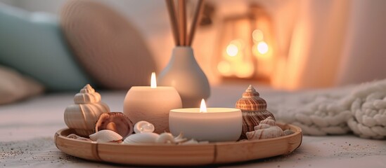 Creating a cozy ambiance in the living or bedroom with candles on a bamboo tray, using stones and sea shells as decorations and a natural apartment aroma diffuser with ocean breeze scent for