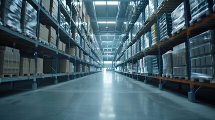 Fototapeta premium Light modern warehouse logistics transporation distribution packaging centre interior with no people perspective low angle shot