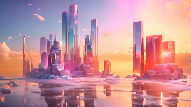 The imaginary future city at sunrise