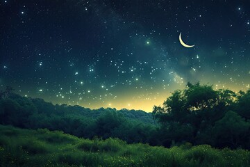 Starry night sky and crescent moon. Beautiful evening view above the trees