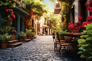 A beautiful street with trees, plants, and greenery