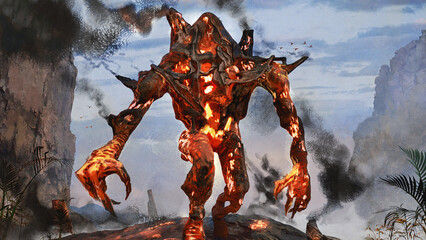 Digital 3d illustration of a lava golem creature animated by dark wizard magic in a tropical environment - fantasy painting