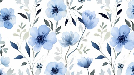 Fototapeta na wymiar Beautiful seamless watercolour illustration wild blooming floral pattern, delicate flowers, white, blue and light blue flowers, greeting card template on light grey background