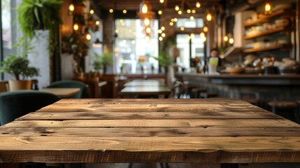 Rustic wooden table in a restaurant with a blurred background