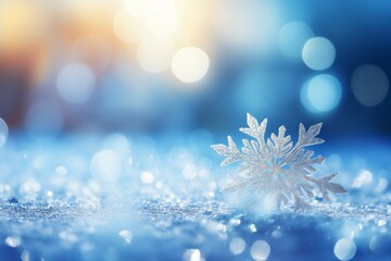 closeup snowflake on blurred snow bokeh background