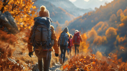 Misty Mountain Trail: Hikers in Autumn Splendor