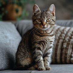 A cute tabby kitten sits on a gray couch and looks at the camera