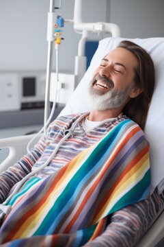 Laughing elderly man in hospital bed with rainbow blanket
