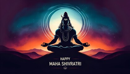 Illustration of maha shivratri greeting card in watercolor style with silhouette of Lord Shiva meditating.