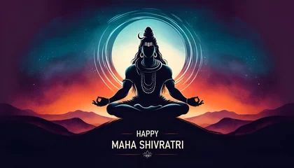 Tuinposter Illustration of maha shivratri greeting card in watercolor style with silhouette of Lord Shiva meditating. © Milano