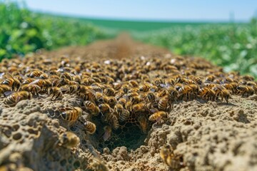 Honey bees on a honeycomb in the middle of a field
