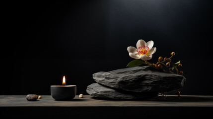 Obraz na płótnie Canvas Spa Background: Spa Stone, Scented Candle, and Flowers.