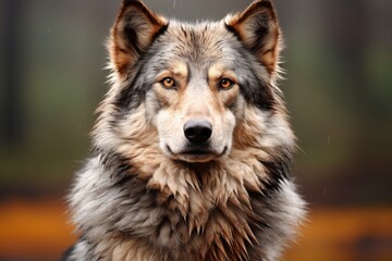 Obraz premium A majestic grey wolf with piercing yellow eyes stares at the camera in the rain