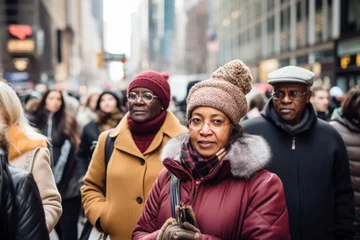 Foto op Plexiglas Muziekwinkel A group of people are walking down a busy street in New York City.