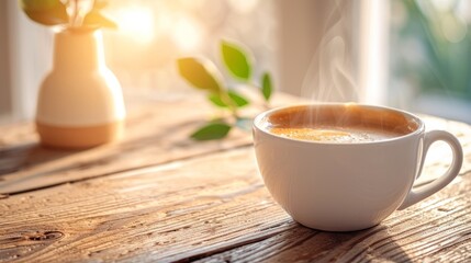 White ceramic cup of coffee on a wooden table with a vase and green leaves in the background