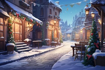 Naklejka premium Illustration of an urban city covered in snow after snowfall in the winter