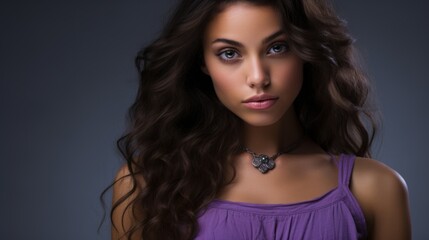Naklejka premium Portrait of a beautiful young woman with long brown hair and green eyes wearing a purple dress