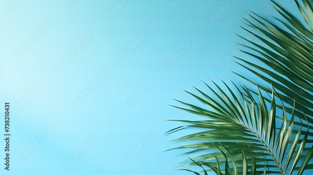 Poster blurred shadow from palm leaves on the light blue wall. minimal abstract background for product pres