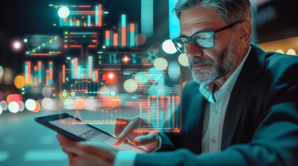 Businessman analyzing data on digital tablet with futuristic user interface